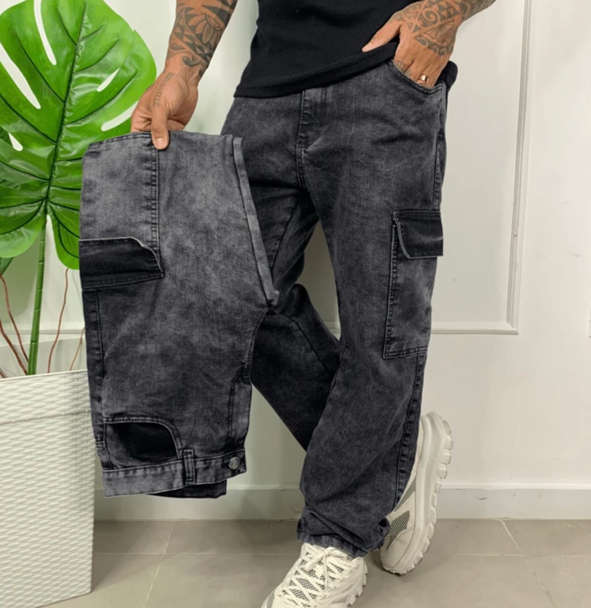 Calça Cargo Jeans Preta